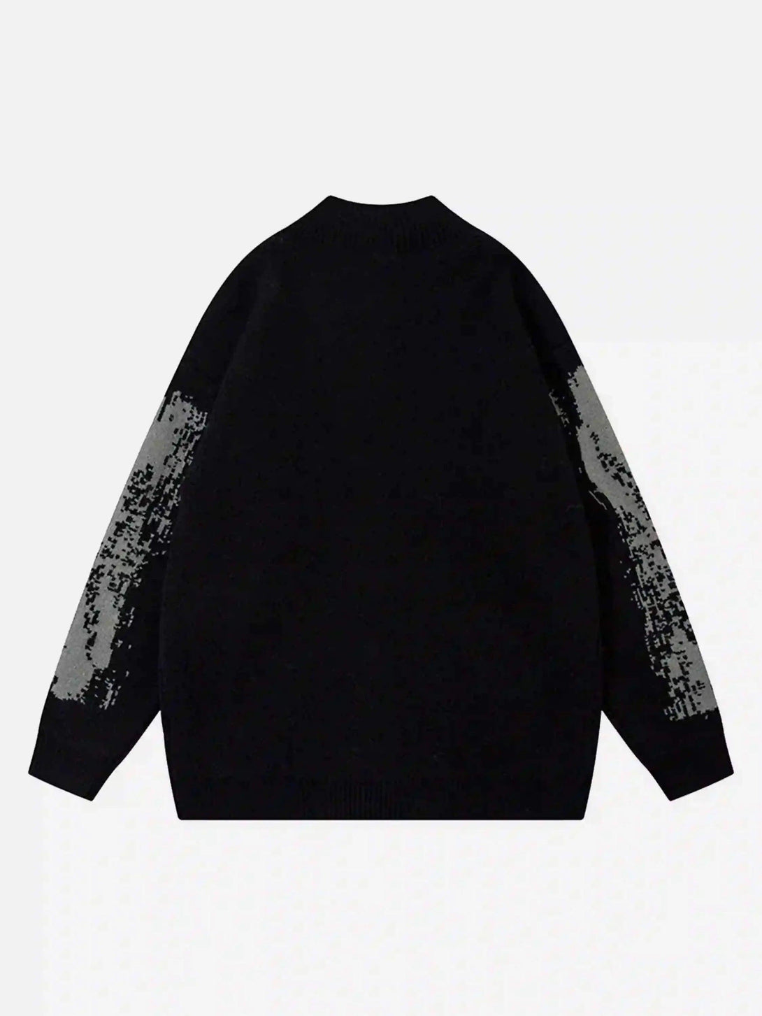Back view of TALISHKO cardigan featuring abstract patterns on sleeves, ideal for street style.