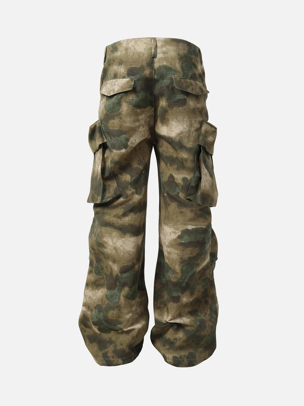 Back view of TALISHKO camouflage multi-pocket pants showcasing rugged utility style.
