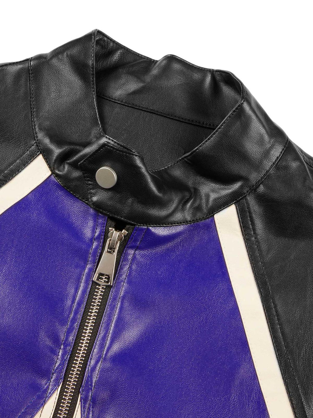 A detailed view of the TALISHKO biker jacket, highlighting the black and purple leather and zipper design.
