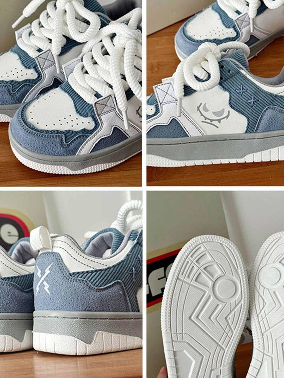 TALISHKO board shoes with blue and white details, featuring thick soles and unique tread design.