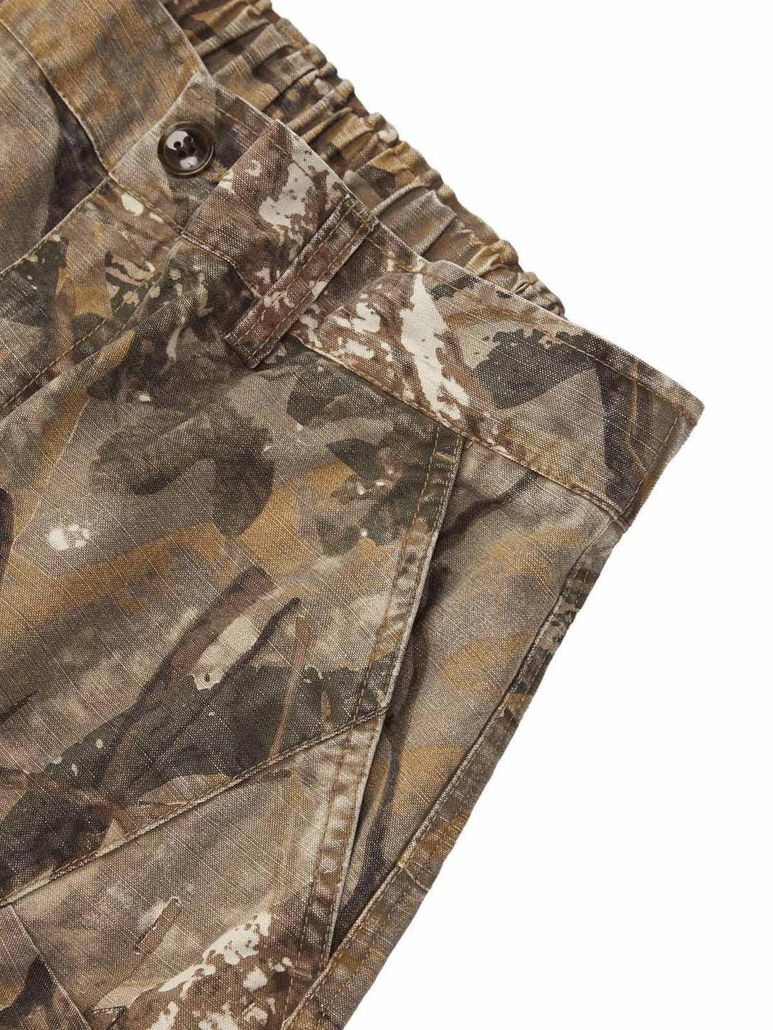 Detailed fabric and stitching on TALISHKO camouflage pants, highlighting the rugged design.