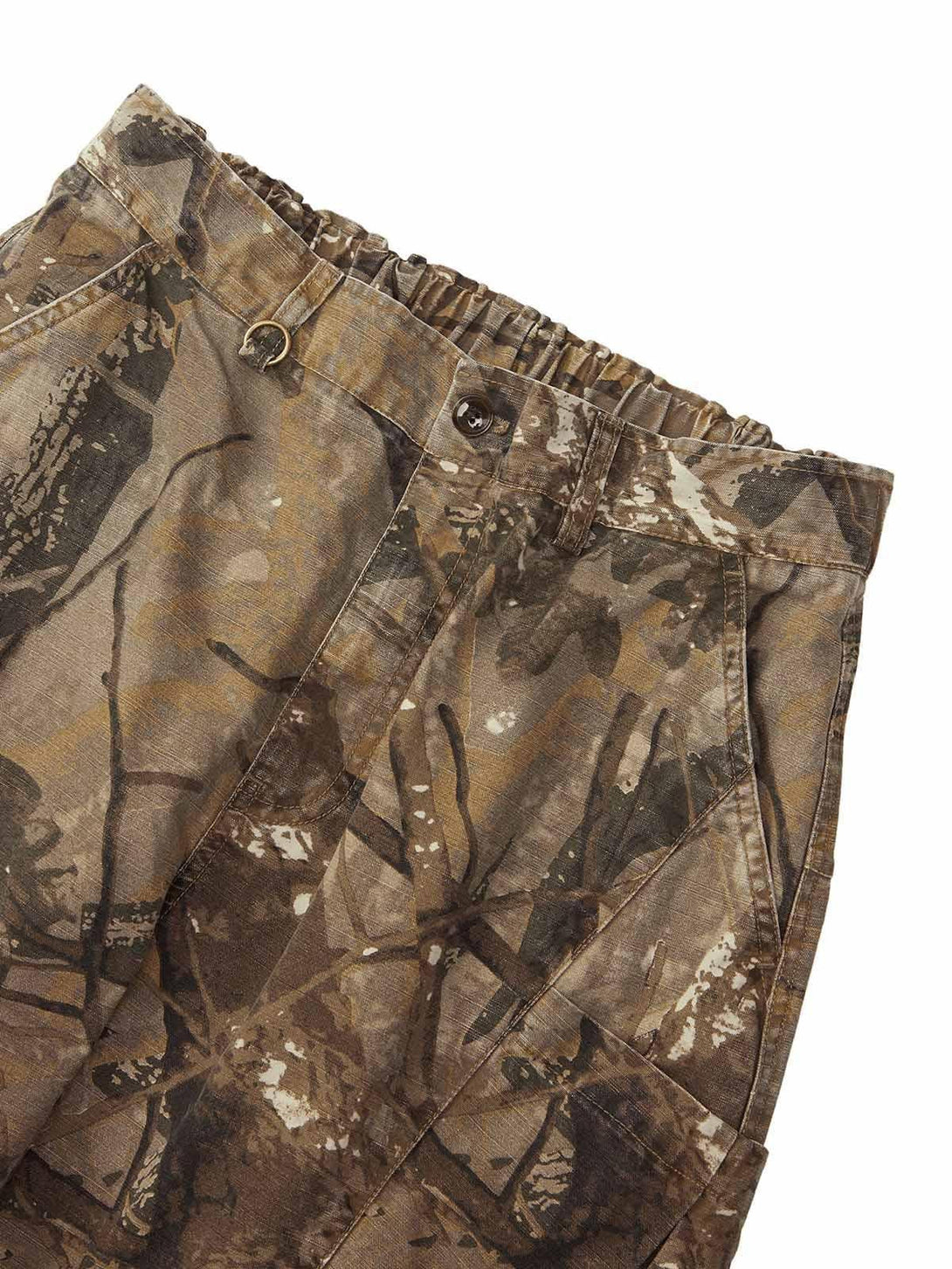 Intricate look at TALISHKO's camouflage casual pants, emphasizing the textured fabric design.