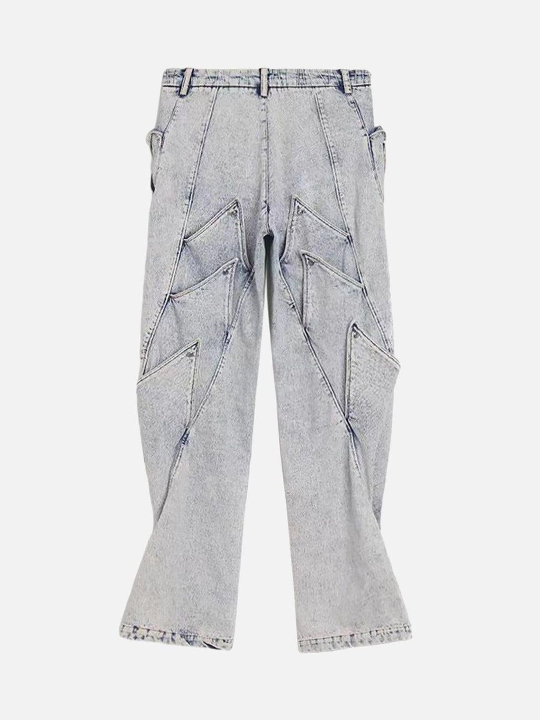 Back view of TALISHKO high street deconstructed jeans with geometric detailing.