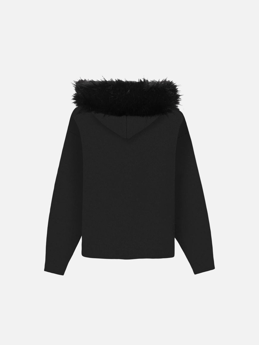 Back view of a black half-zipped sweater featuring a detachable fur collar by TALISHKO.