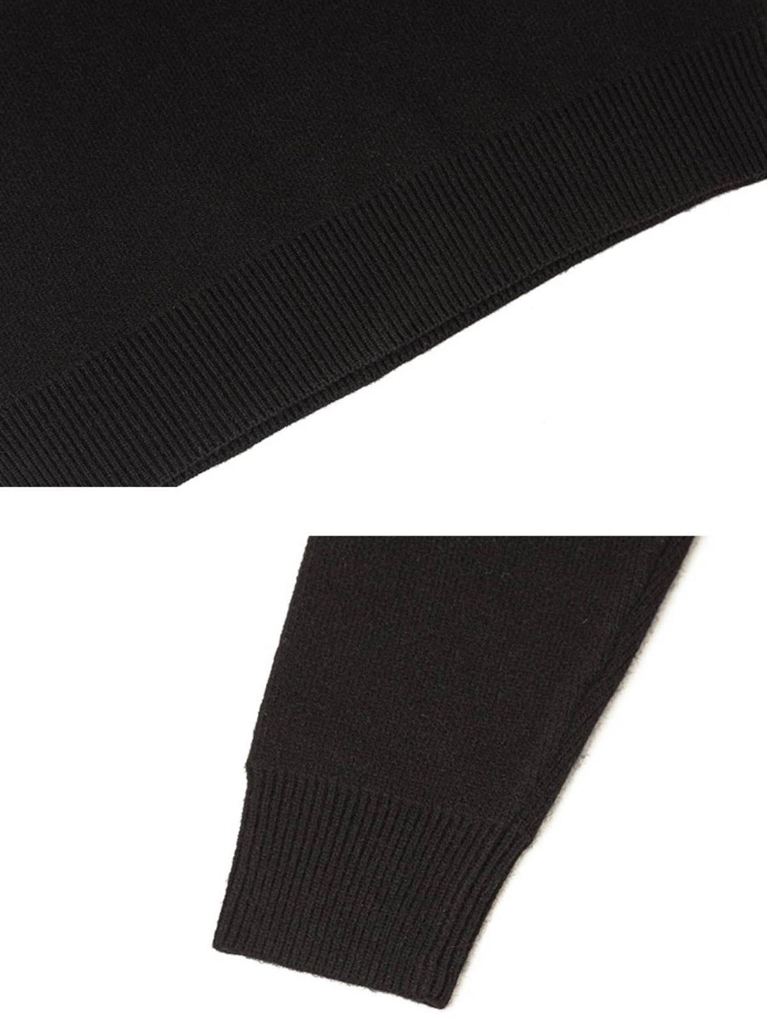 Detailed fabric and stitching of a black half-zipped sweater by TALISHKO, highlighting craftsmanship.