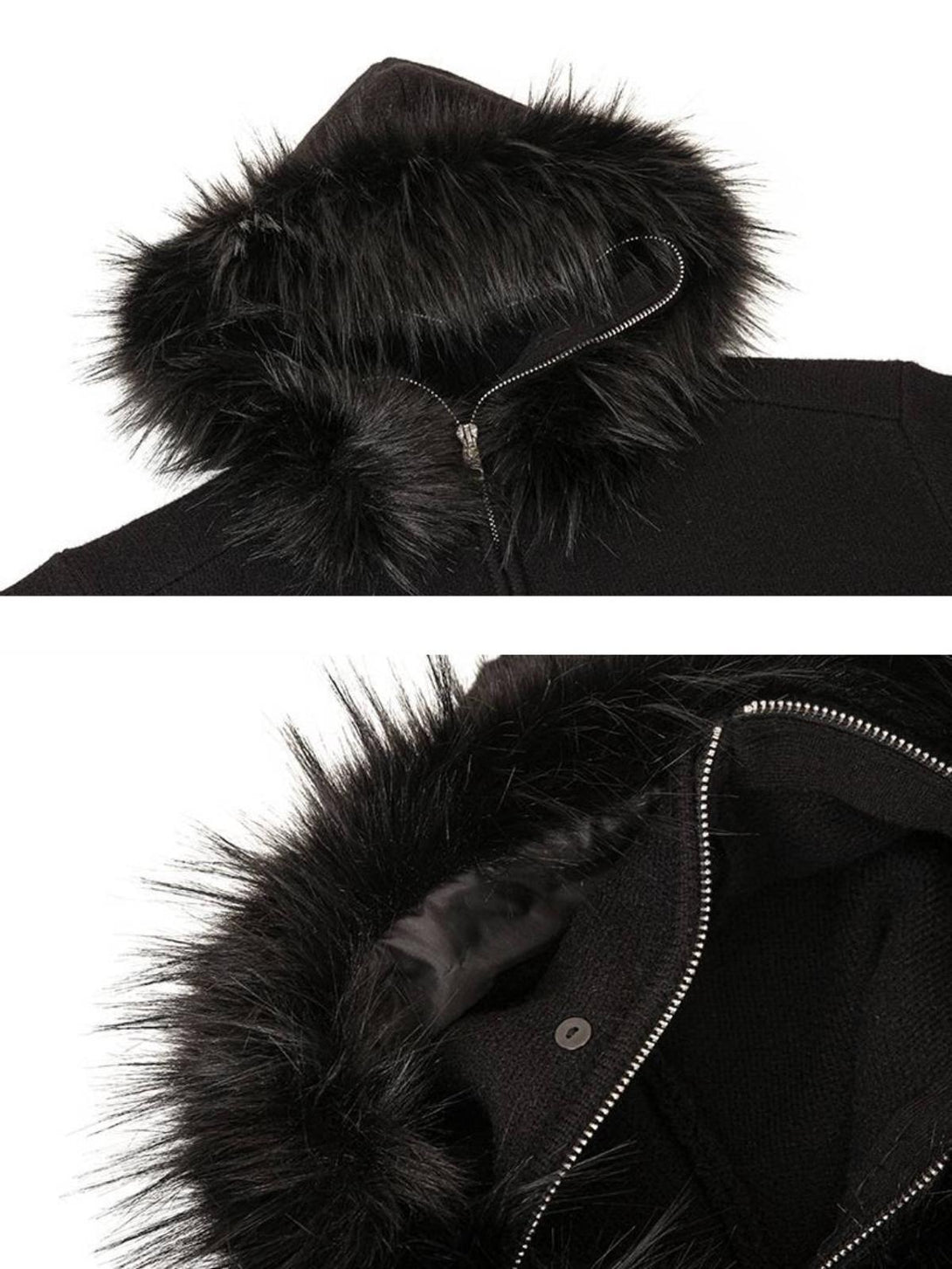 Intricate look at the detachable fur collar on a black sweater by TALISHKO, emphasizing texture.