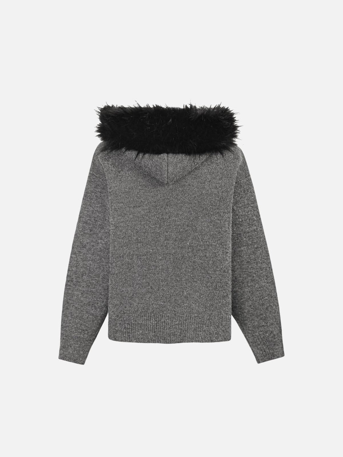 Back view of a gray half-zipped sweater with a detachable fur collar by TALISHKO, ideal for cozy looks.