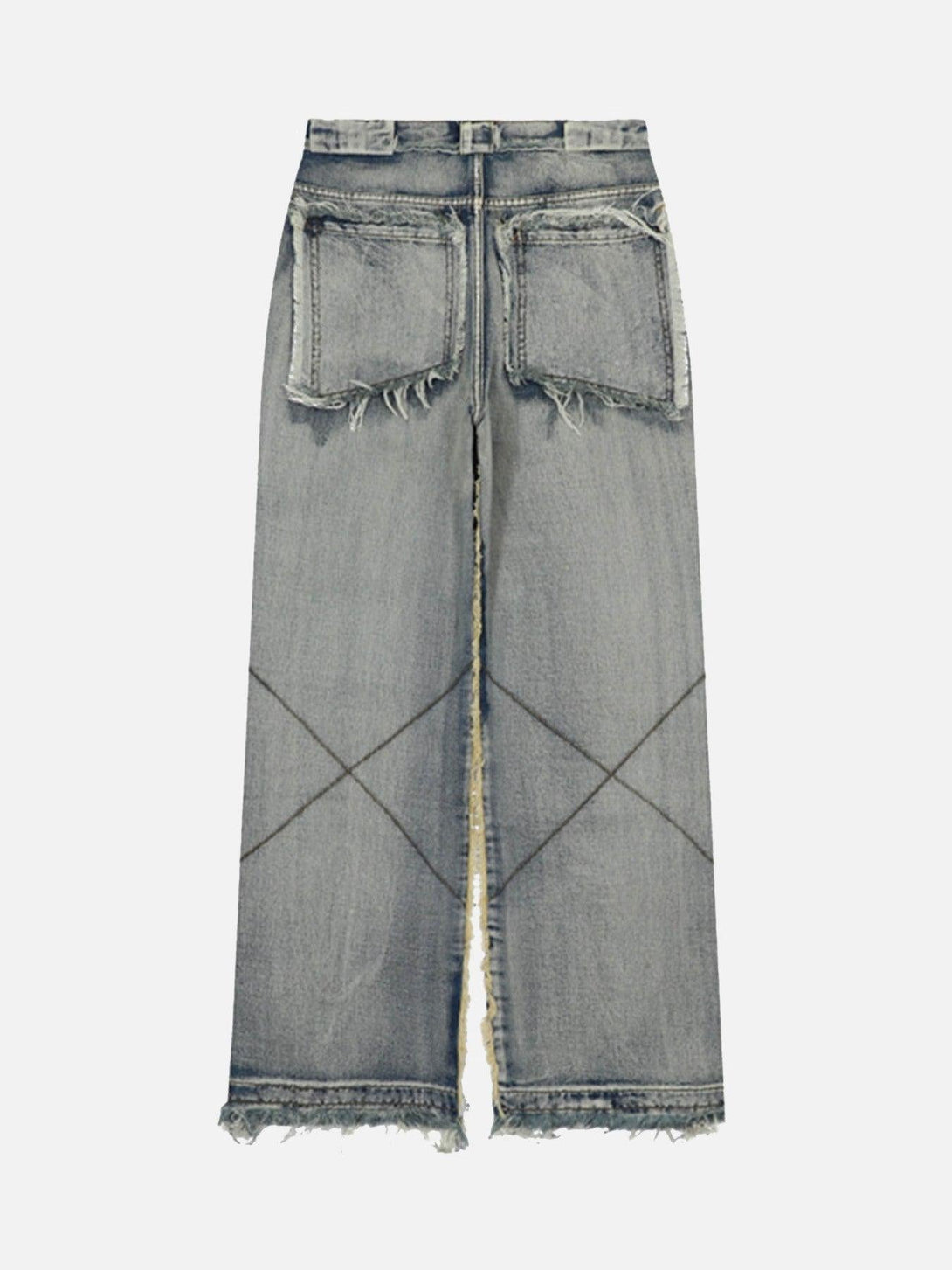 Back view of distressed raw edge jeans by TALISHKO, highlighting unique stitching and frayed details.