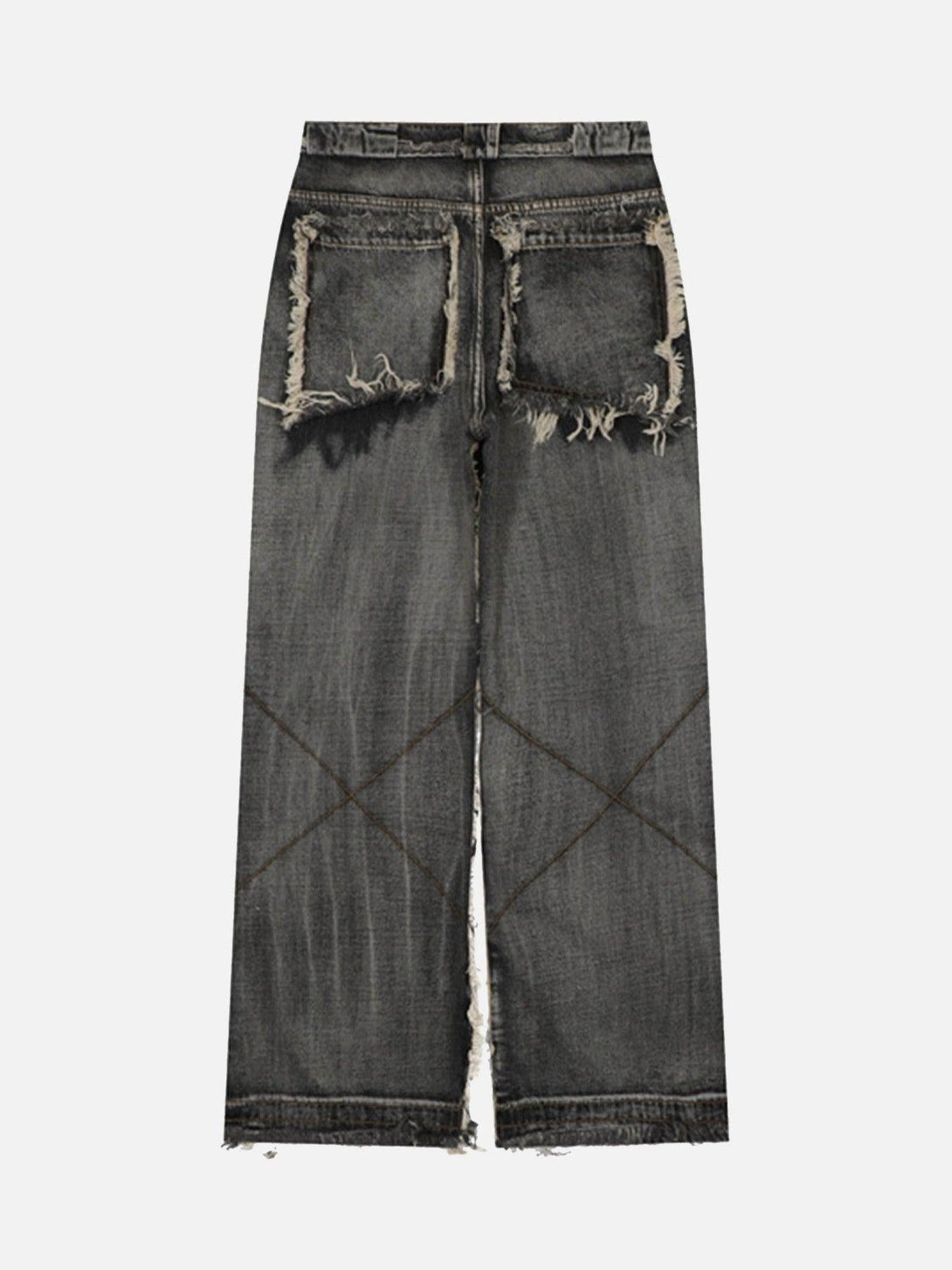 Back view of distressed jeans by TALISHKO, featuring raw edges and a high street vibe.