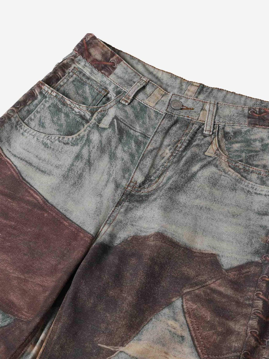 TALISHKO jeans featuring a detailed view of bold prints and distressed wash for street style.
