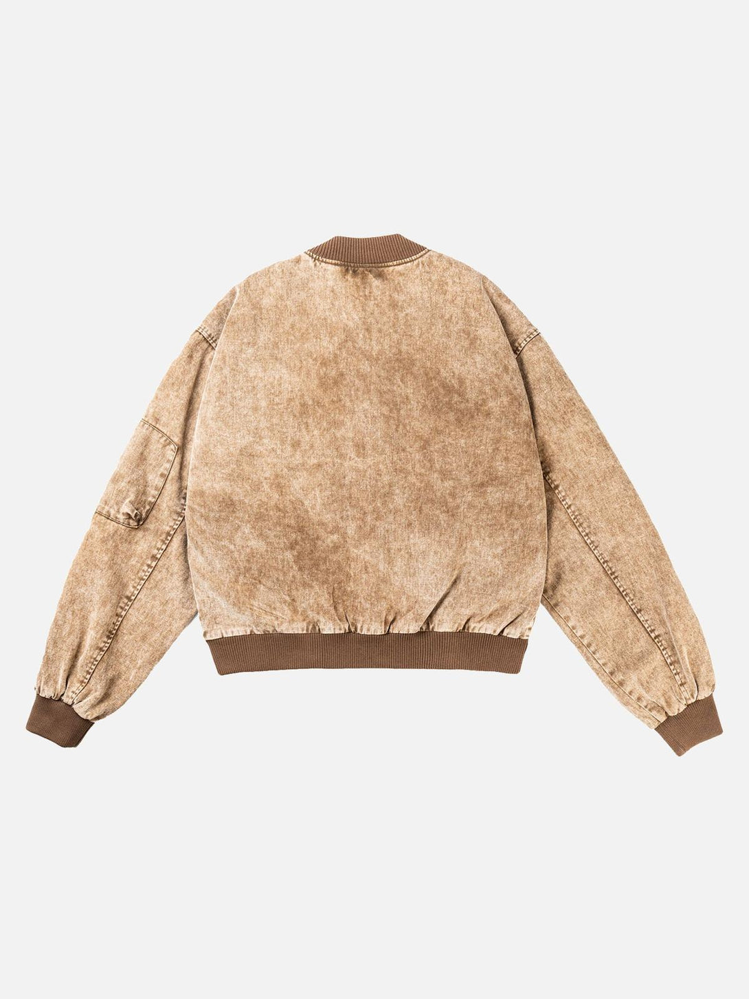 Back view of a TALISHKO distressed work jacket, featuring a washed brown texture.