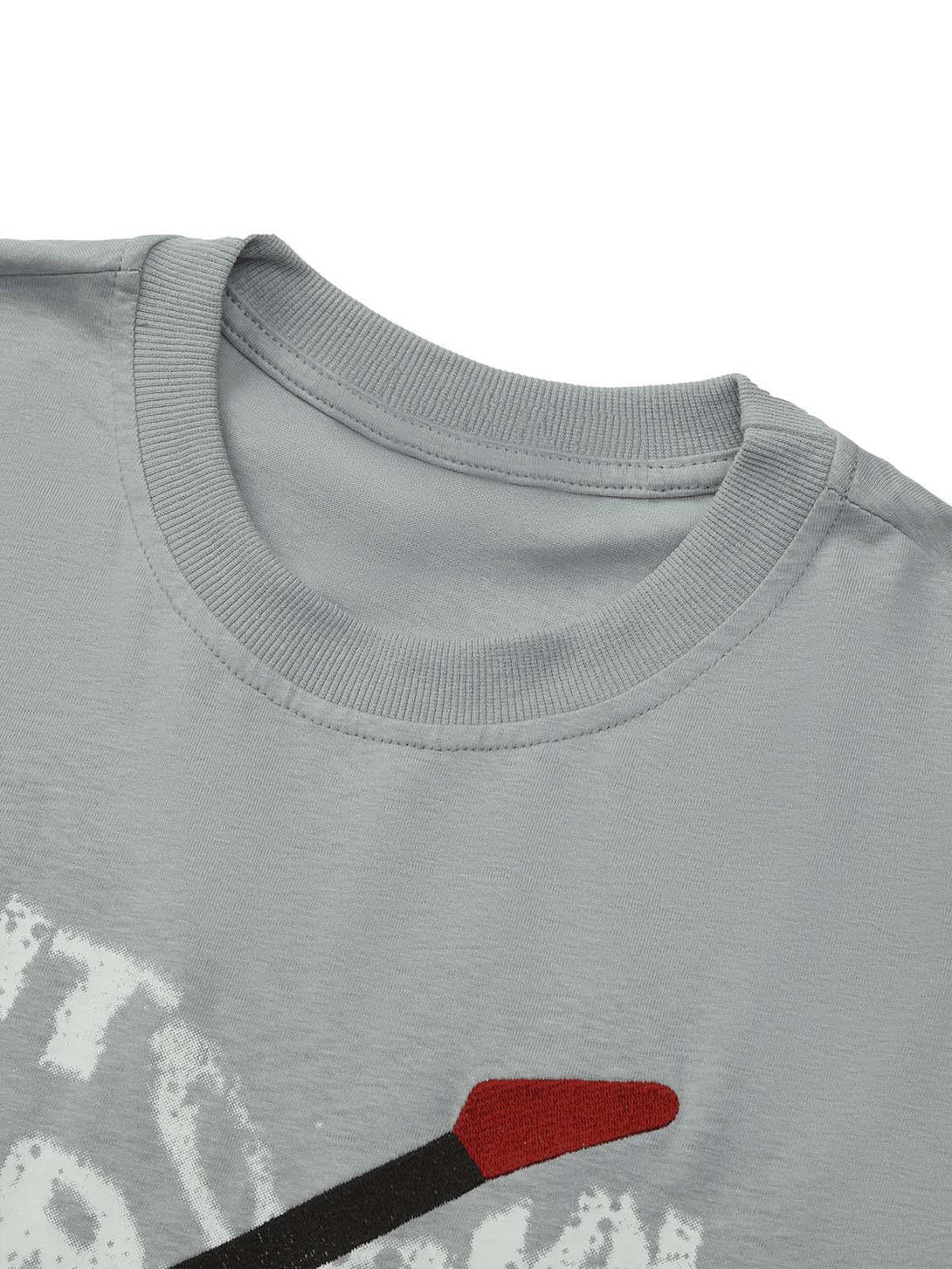 A close-up of TALISHKO's gray T-shirt emphasizing its ribbed collar and creative graphic design.