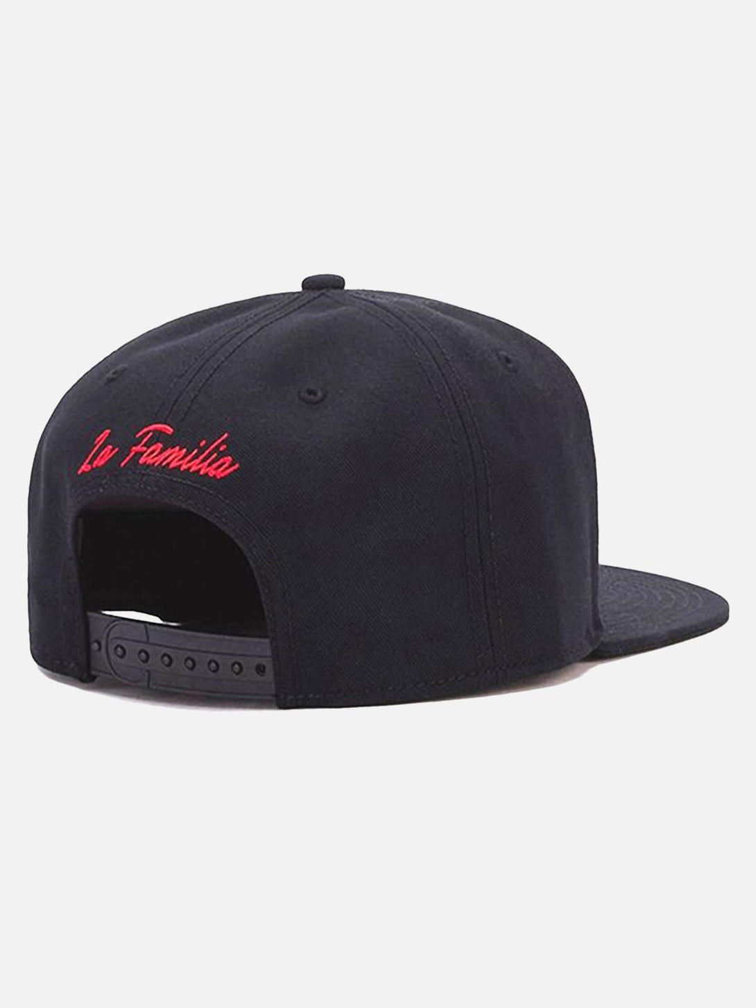 Back view of TALISHKO hip-hop baseball cap featuring bold red embroidery design.