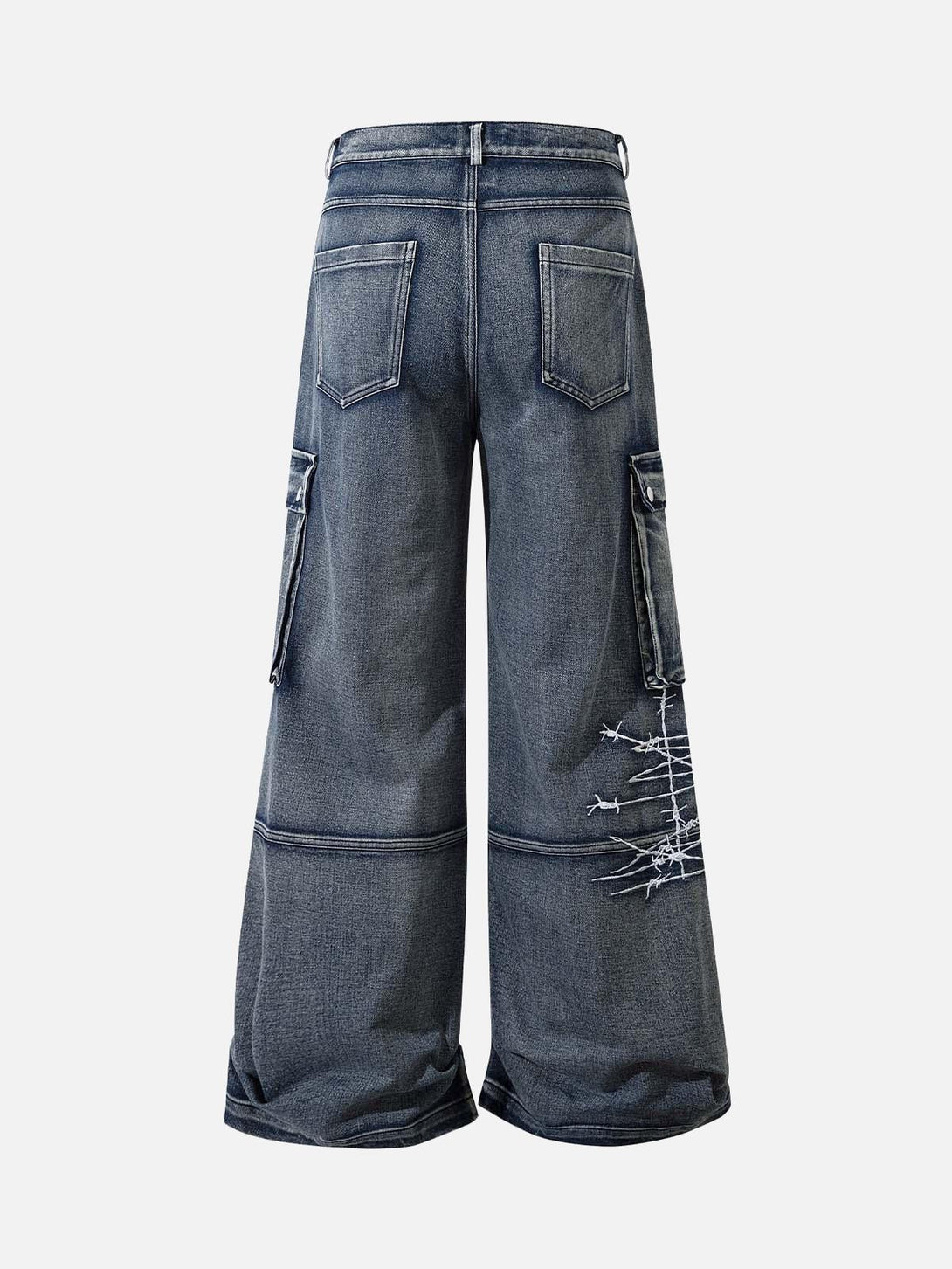 Back view of TALISHKO hip-hop jeans with barbed wire embroidery and cargo pockets.