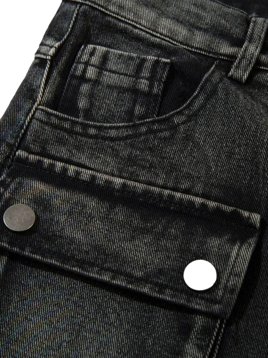 Detailed view of TALISHKO hip-hop jeans, highlighting textured fabric and sturdy stitching.