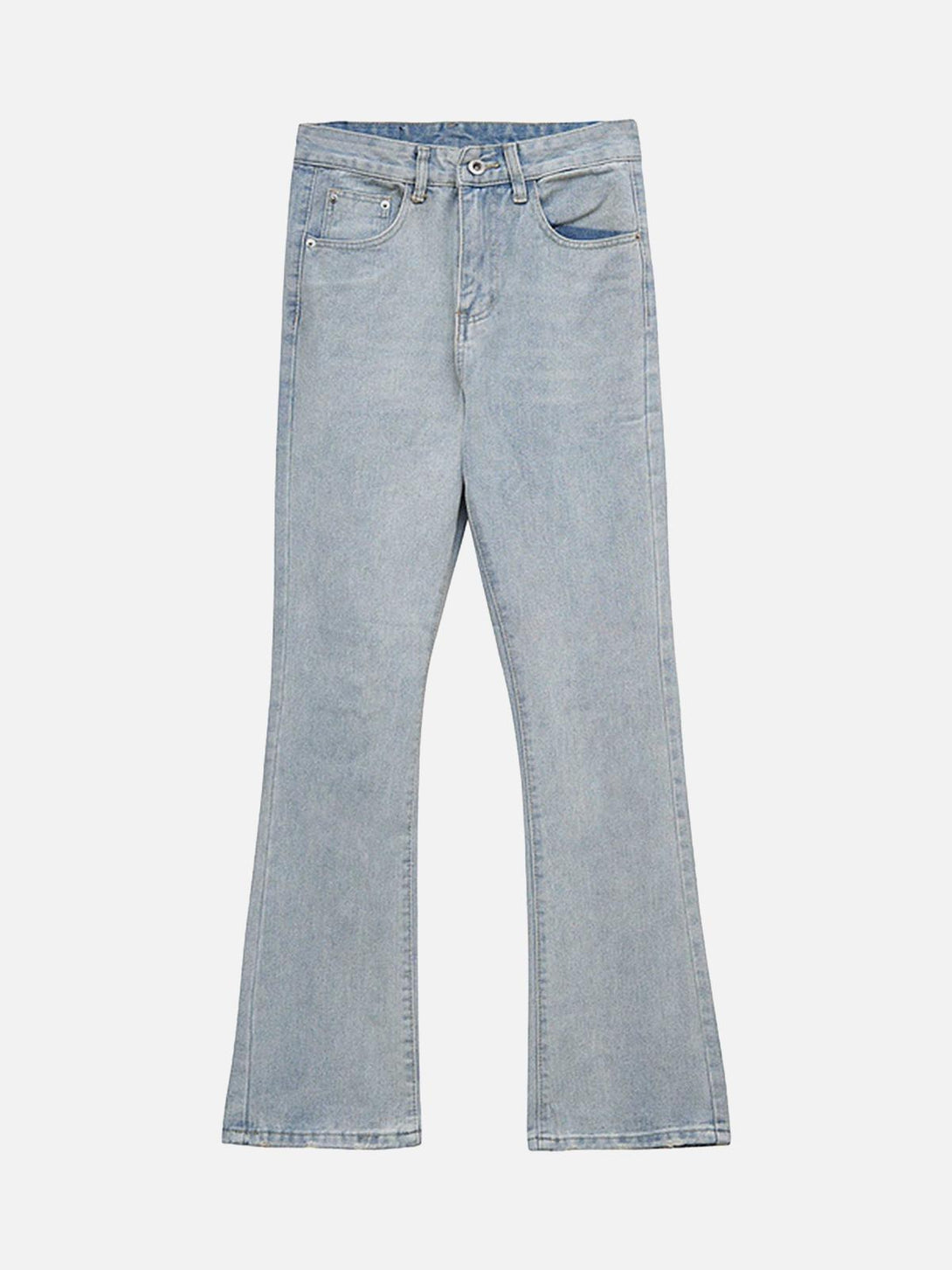 Front view of light blue retro jeans by TALISHKO, featuring a classic straight-leg design.