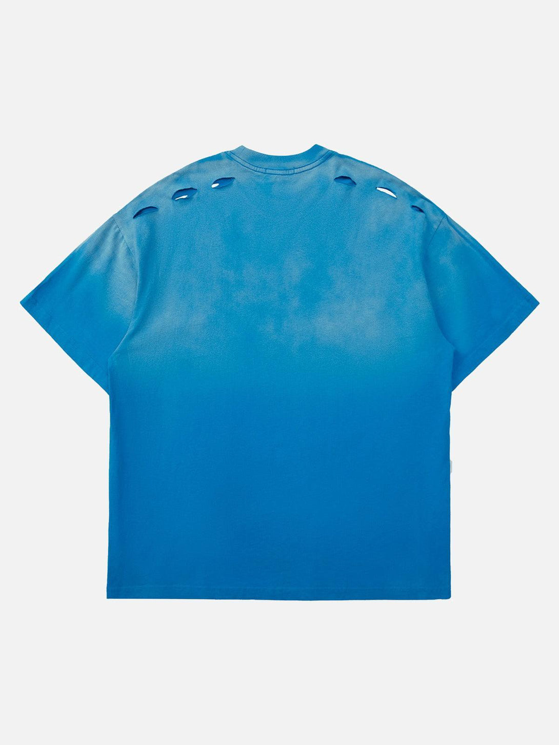 Back view of a blue gradient T-shirt by TALISHKO, showcasing a unique hole design.