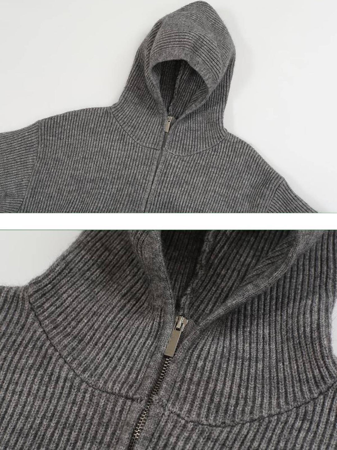A detailed view of the ribbed texture and zipper on a gray sweater by TALISHKO.