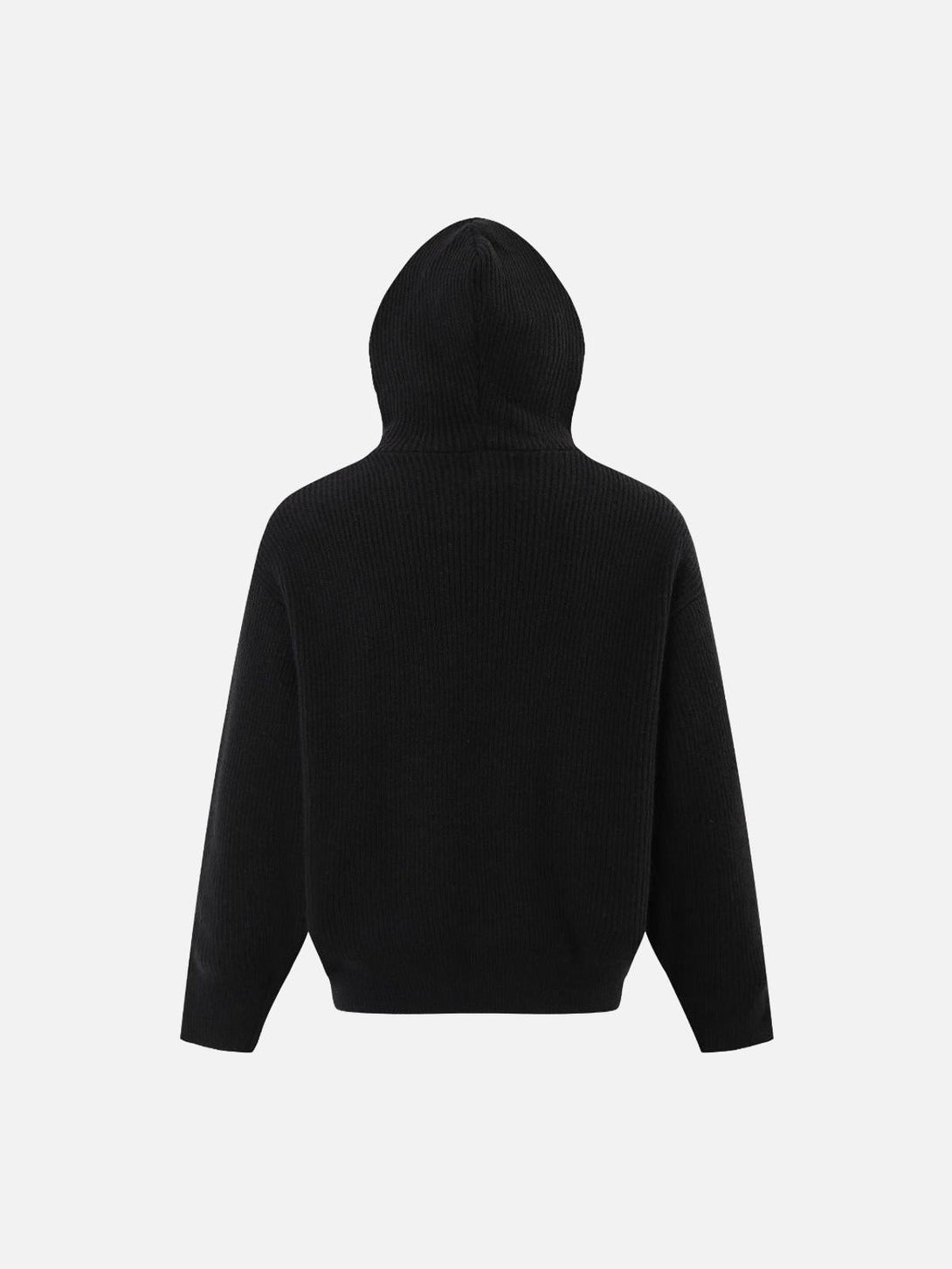 Back view of a black high street sweater with hood by TALISHKO, ideal for layering.