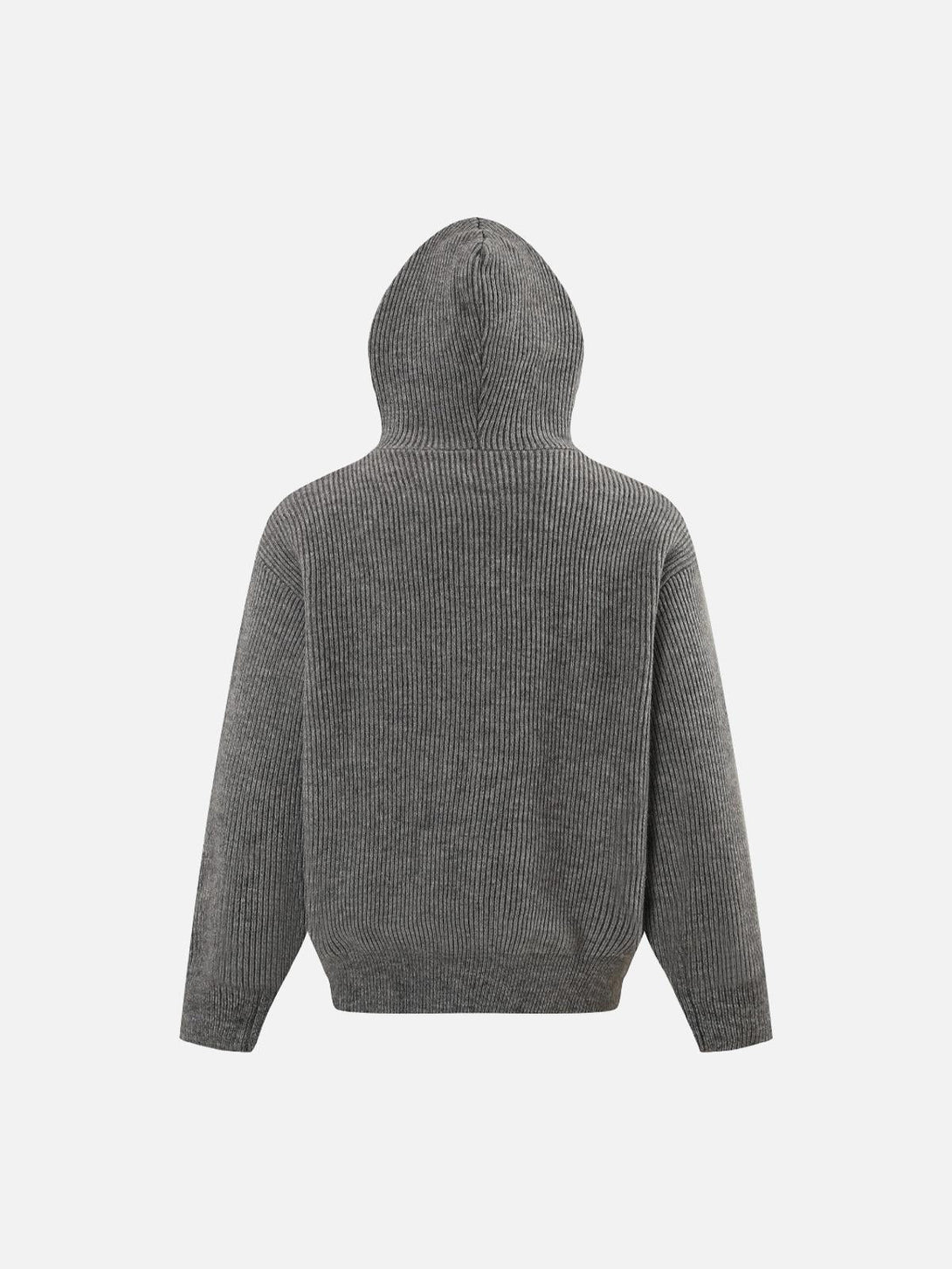 Back view of a gray hooded sweater by TALISHKO, highlighting its ribbed texture.
