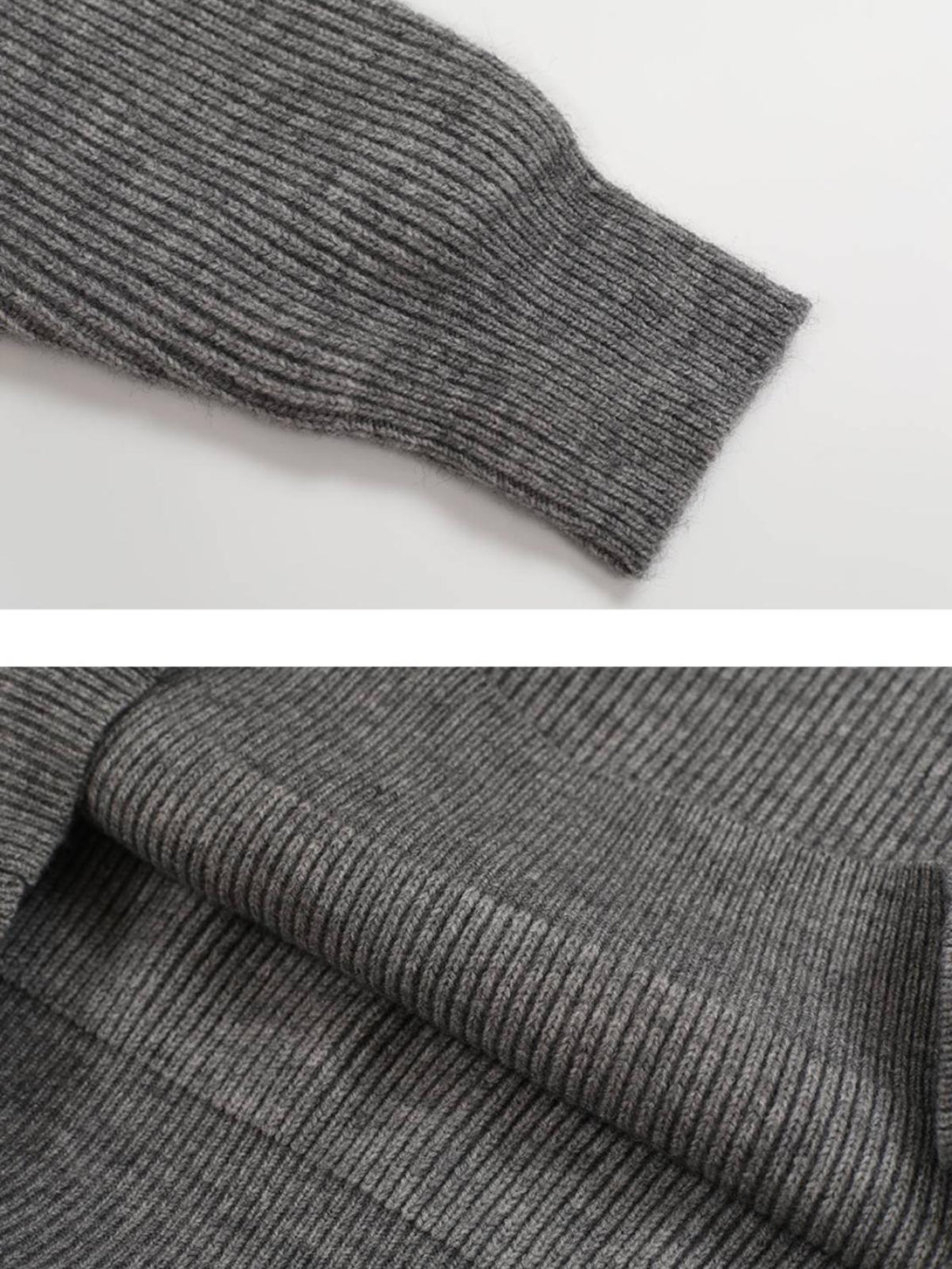 A close-up of the ribbed texture on a gray sweater by TALISHKO, highlighting its soft knit.