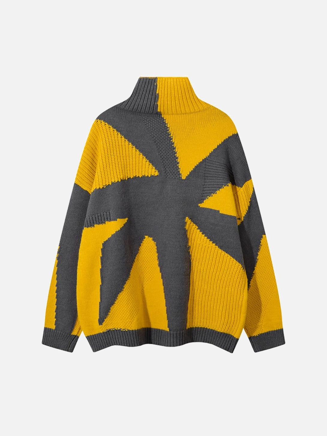 TALISHKO's high-neck sweater in gray and yellow, back view highlighting a striking spiral pattern.