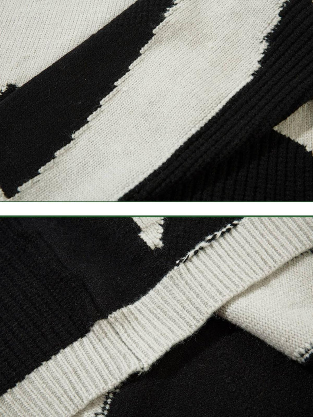 A close-up of TALISHKO's high-neck sweater highlighting the bold black and white spiral pattern.