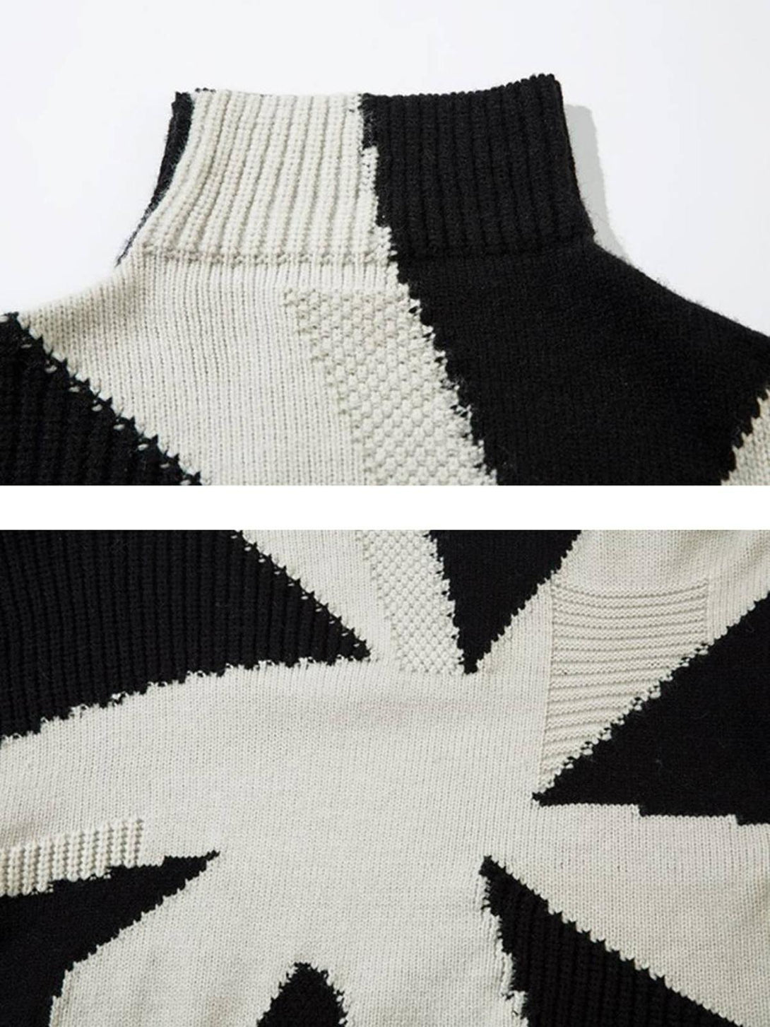 Intricate look at TALISHKO's high-neck sweater showcasing bold black and white spiral design.