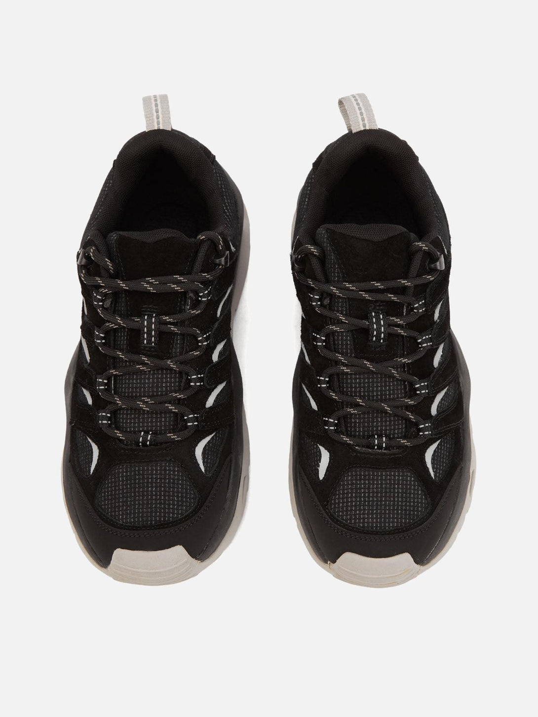 Top view of TALISHKO hiking shoes, featuring a sleek black design with detailed lacing.