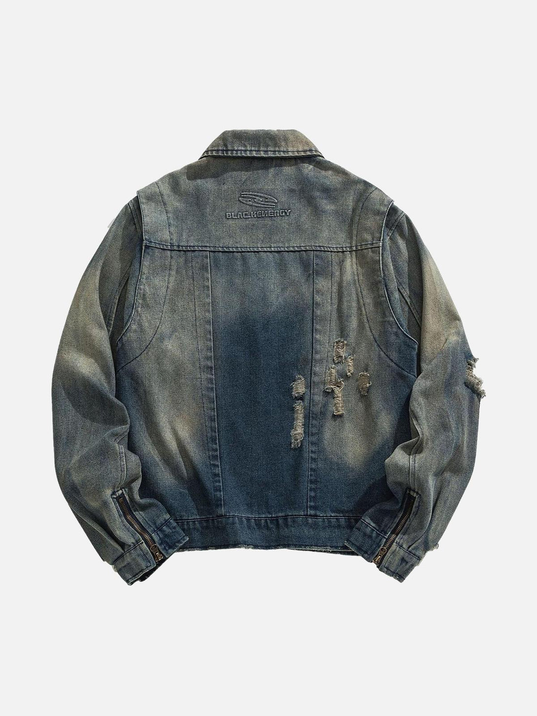 Back view of a distressed denim jacket by TALISHKO, featuring a worn, hip-hop style.