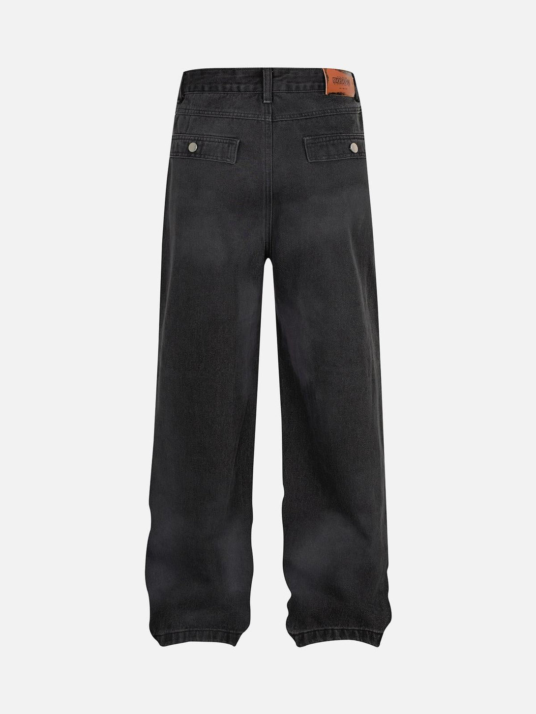 Back view of TALISHKO's black distressed work jeans highlighting the unique pocket design.