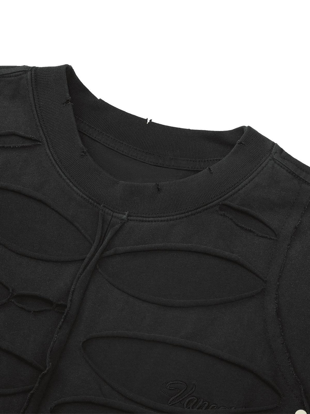 A detailed view of TALISHKO's black hole design T-shirt, highlighting intricate streetwear style.