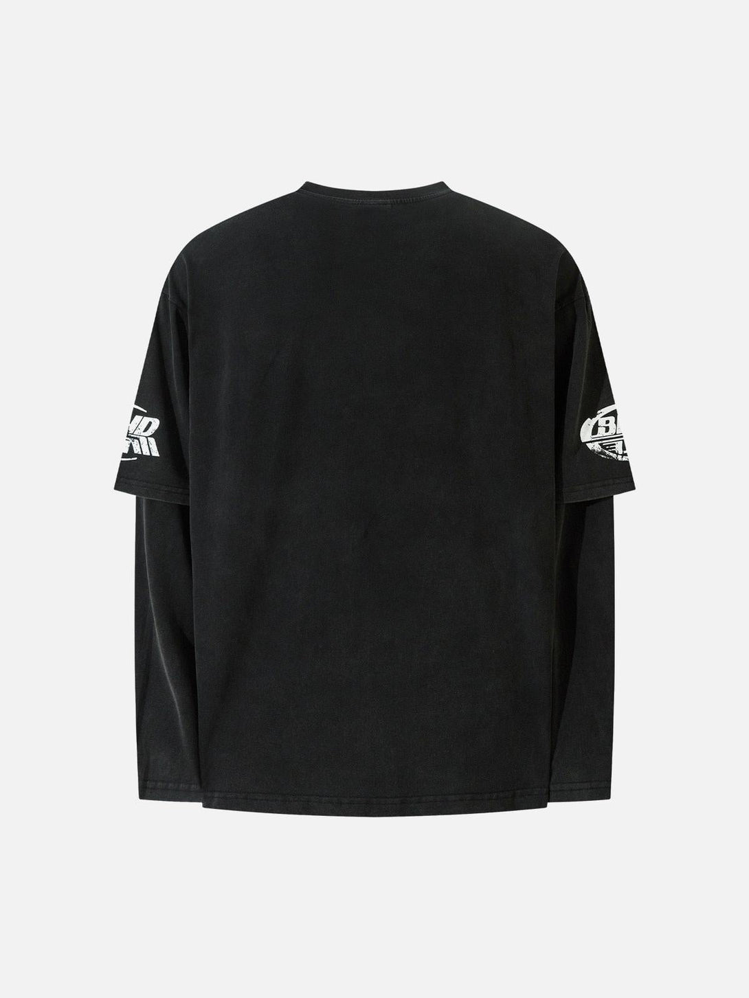 Back view of black TALISHKO long-sleeved T-shirt with unique sleeve graphics.