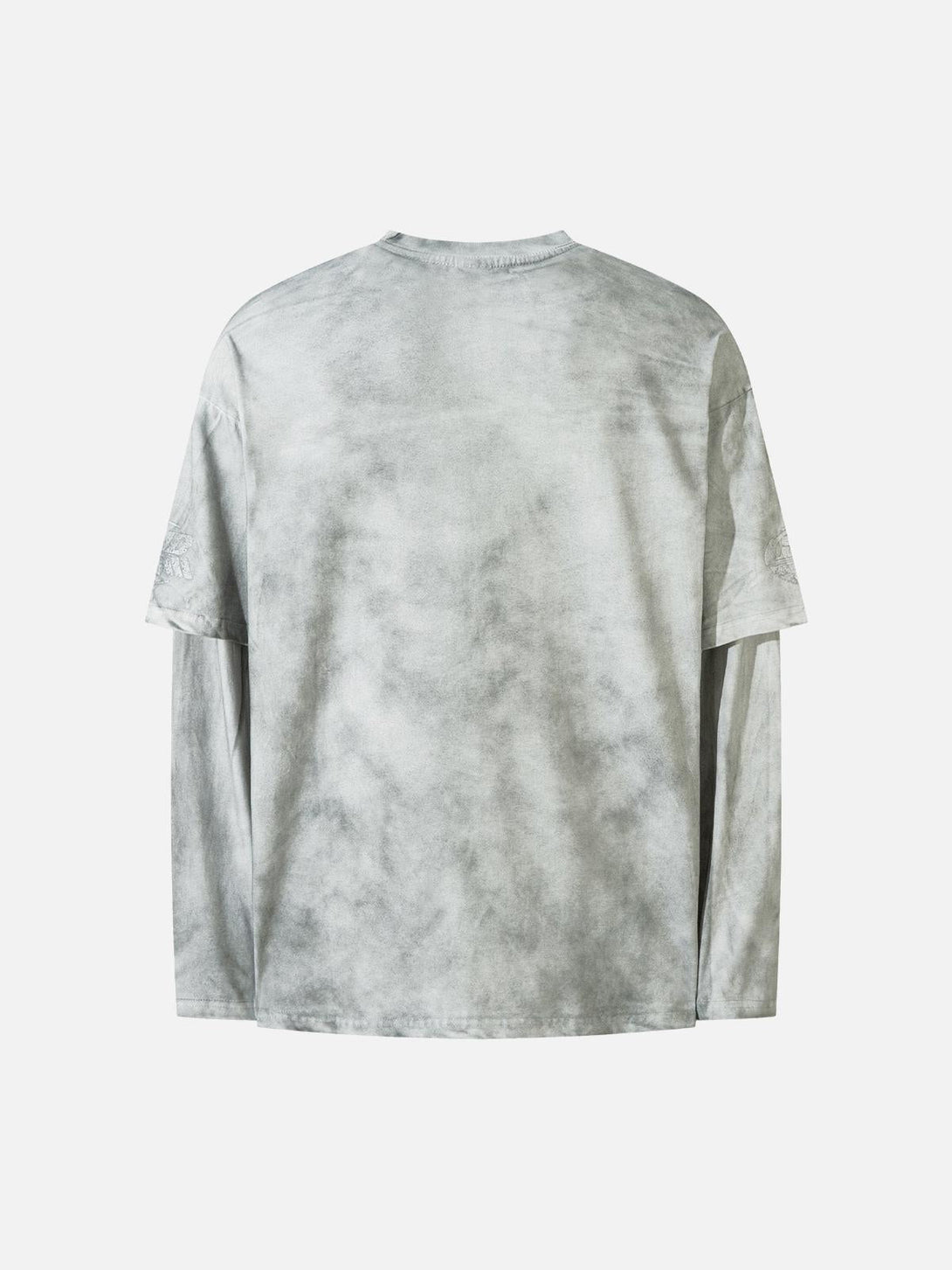 Back view of gray TALISHKO long-sleeved T-shirt showcasing subtle tie-dye patterning.