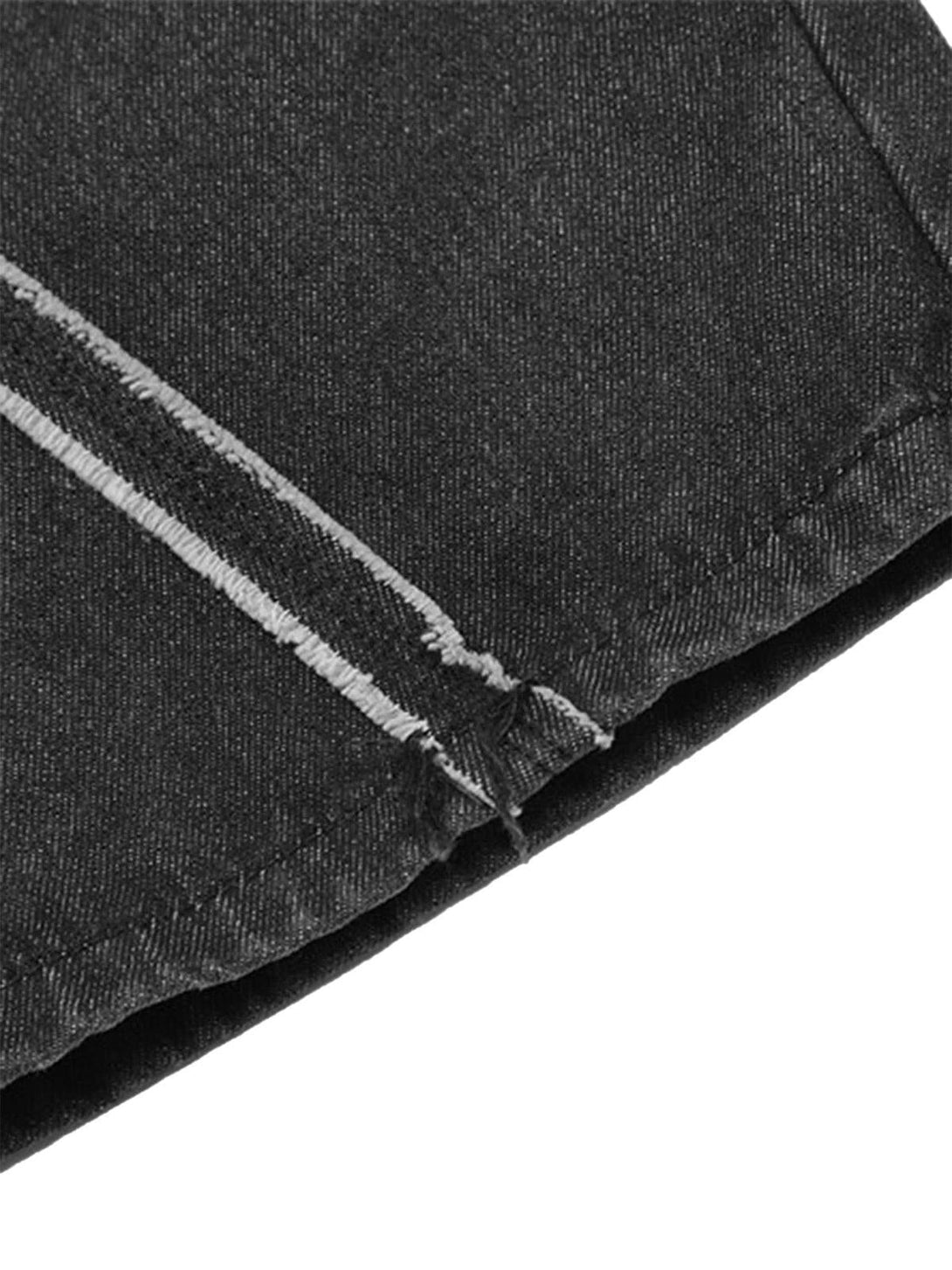 Detailed fabric and stitching on TALISHKO denim pants, showcasing unique craftsmanship.