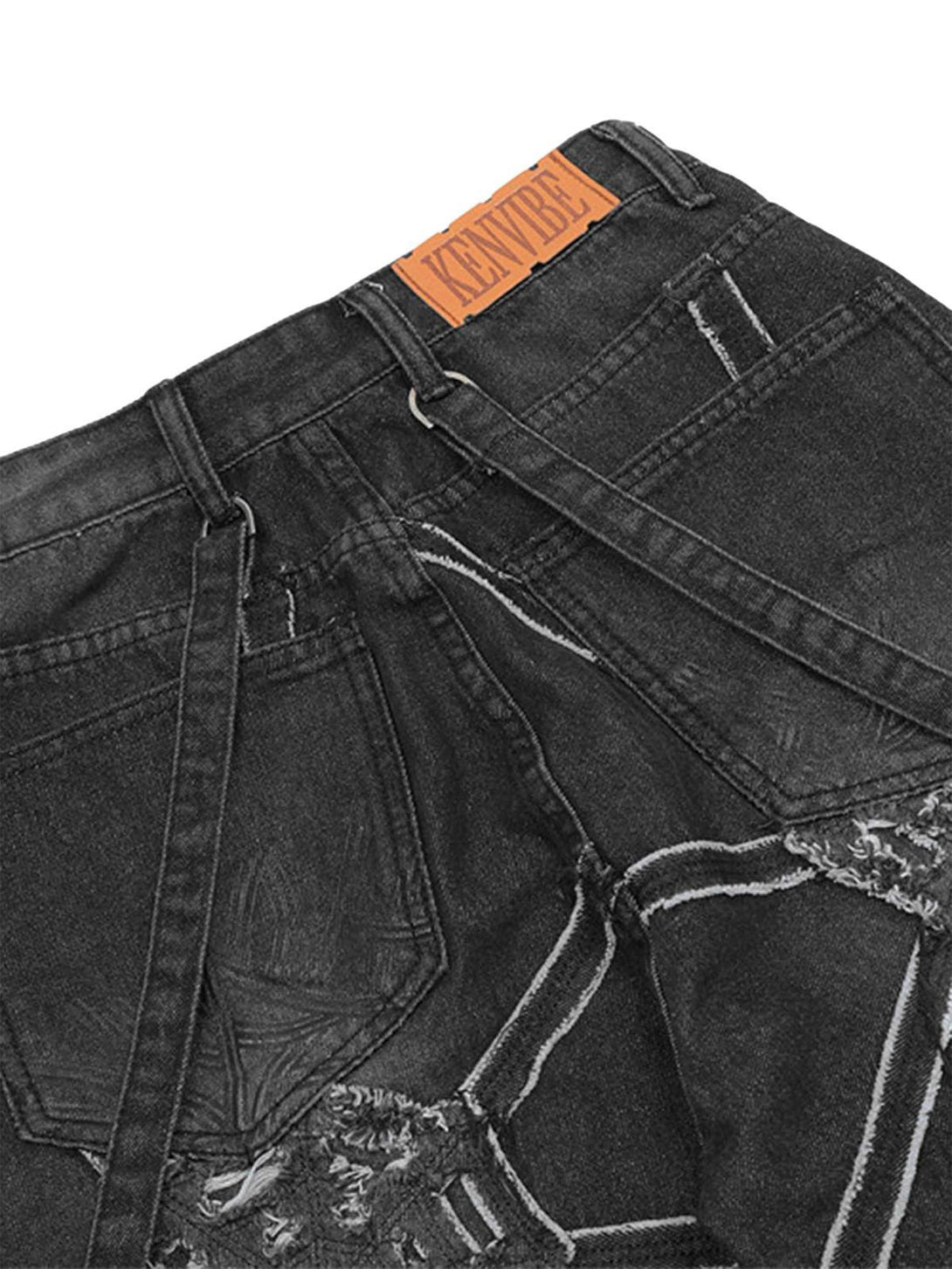 Back view of TALISHKO hip-hop denim pants with distinctive spider web stitching detail.