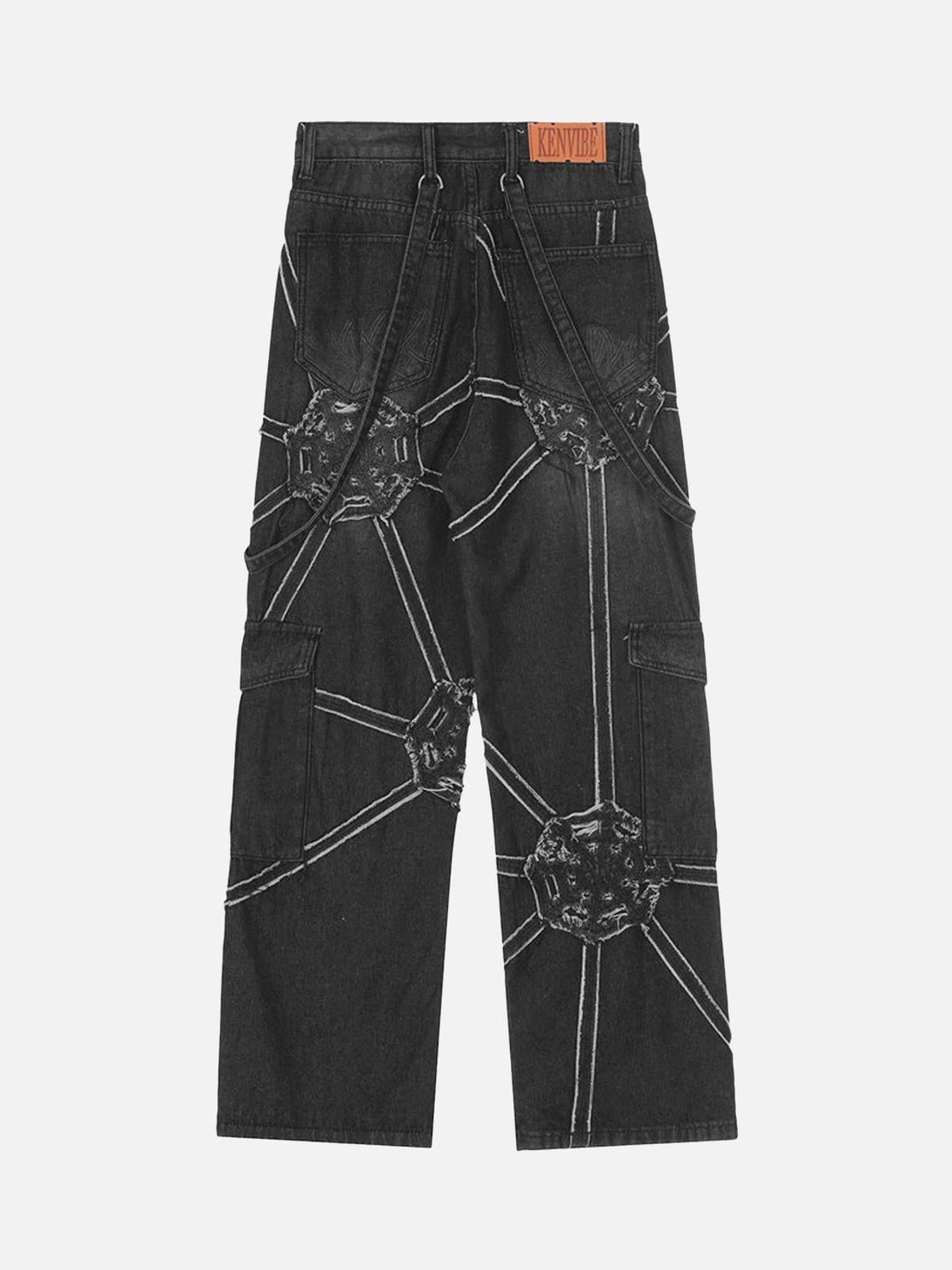 Back view of TALISHKO denim pants featuring intricate spider web patterns and unique design.