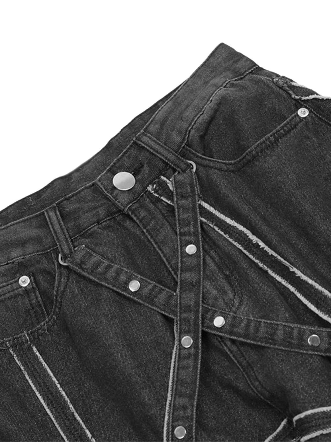 Detailed view of TALISHKO hip-hop spider web denim pants, highlighting unique stitching accents.