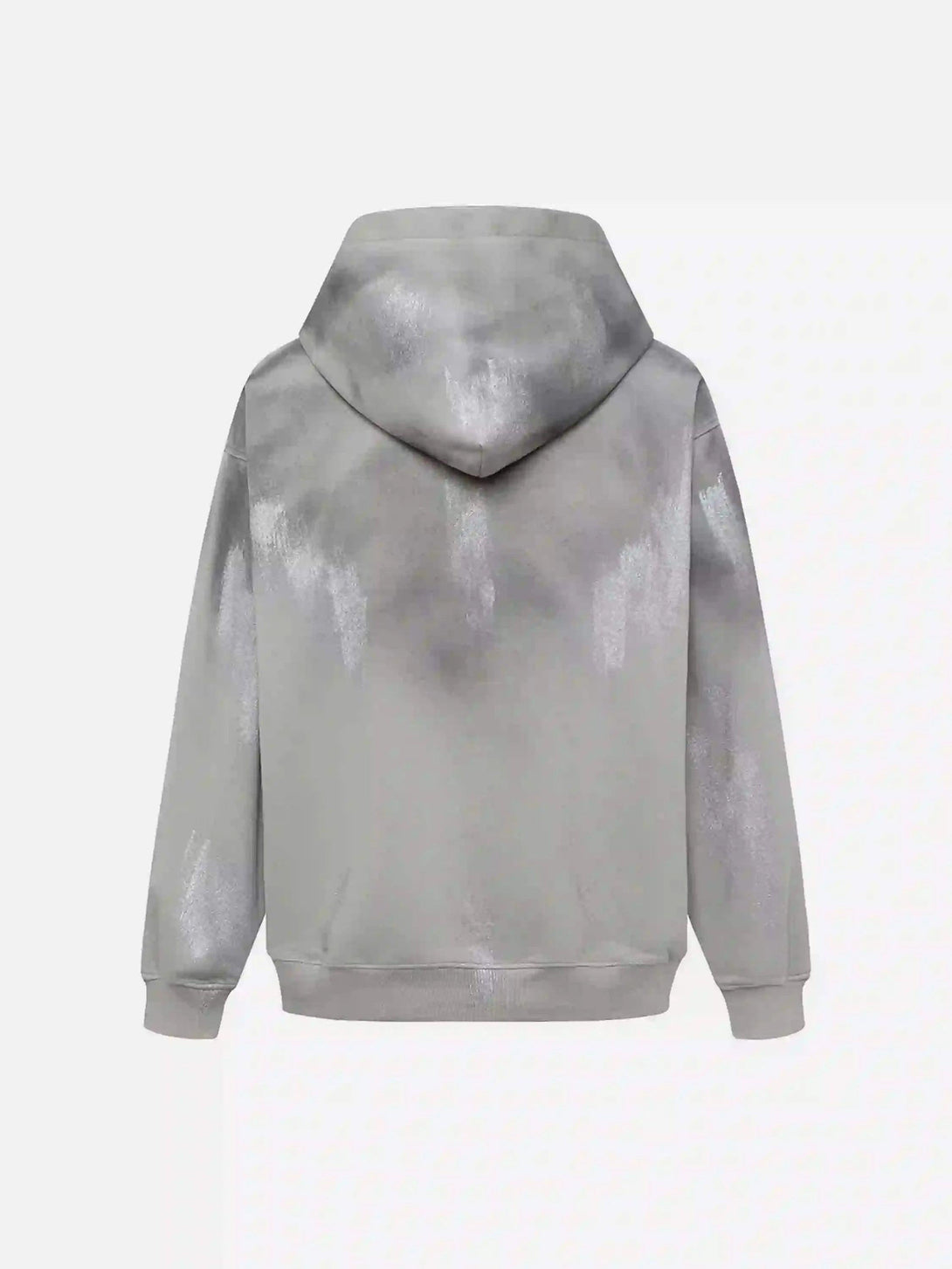 Back view of TALISHKO silver hoodie with a metallic finish, showcasing urban street style.