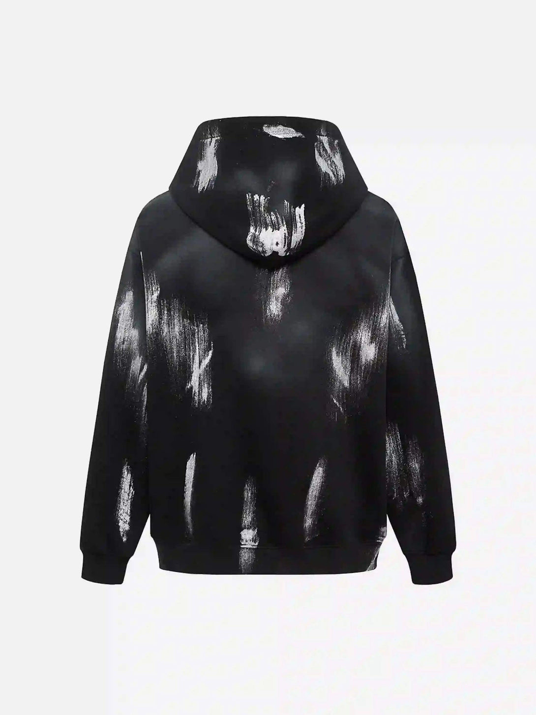 Back view of TALISHKO hoodie with bold white brushstroke pattern on black, perfect for streetwear.