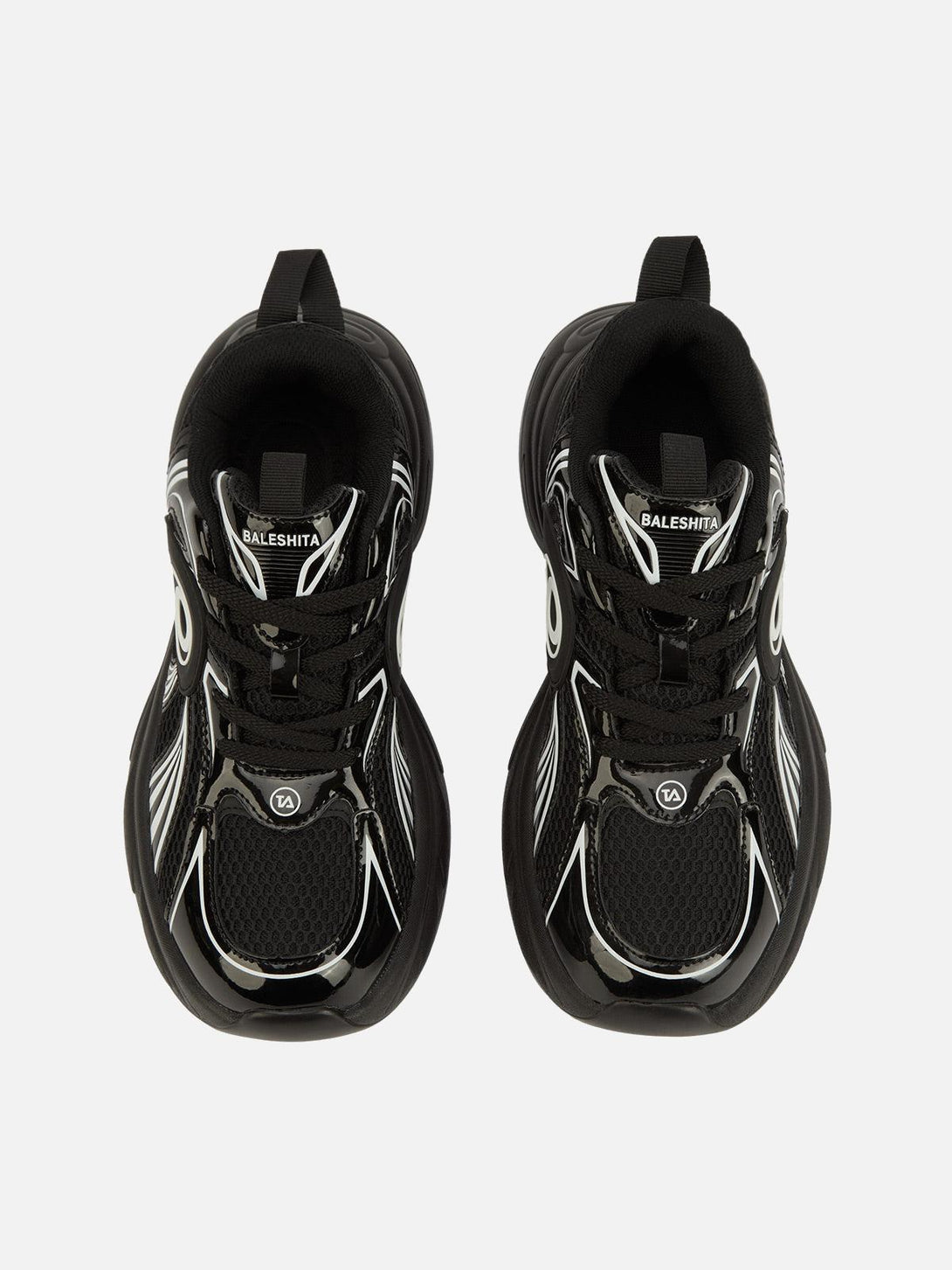 Top view of black TALISHKO hip hop sports shoes with dynamic patterns and sleek design.