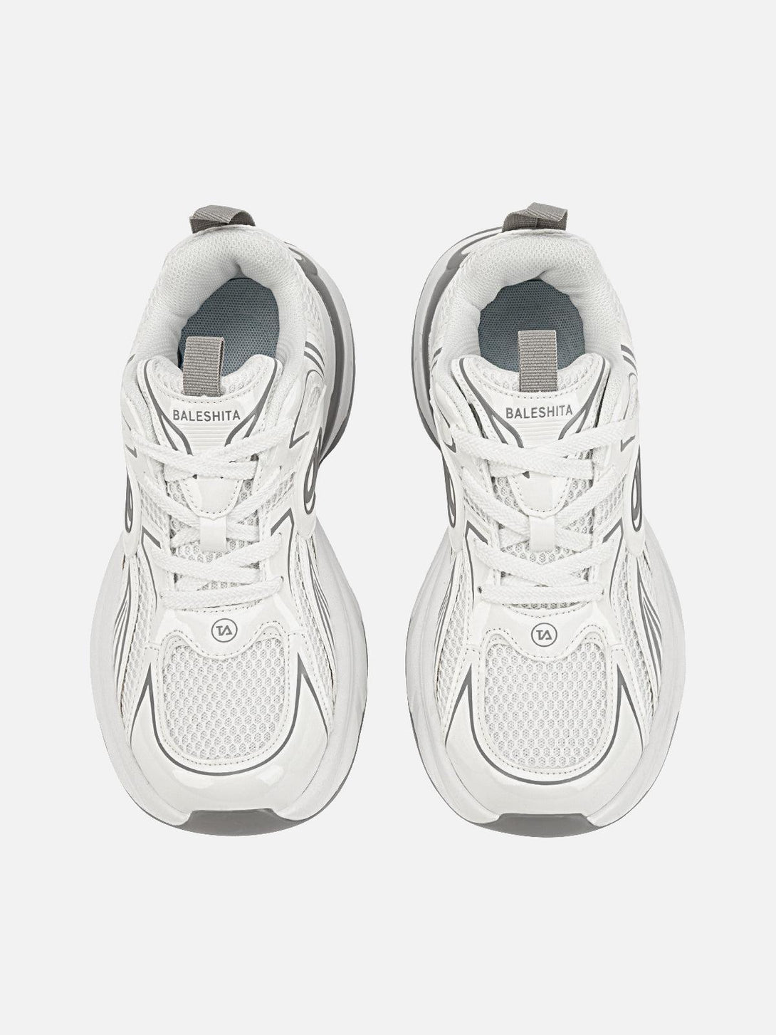 Top view of white TALISHKO hip hop sneakers with sleek mesh design, perfect for casual style.