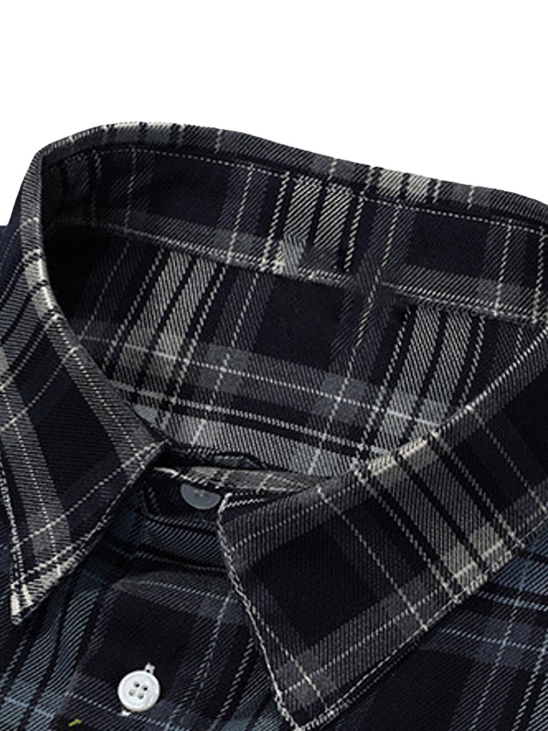 A close-up of a plaid shirt collar by TALISHKO, highlighting intricate pattern details.