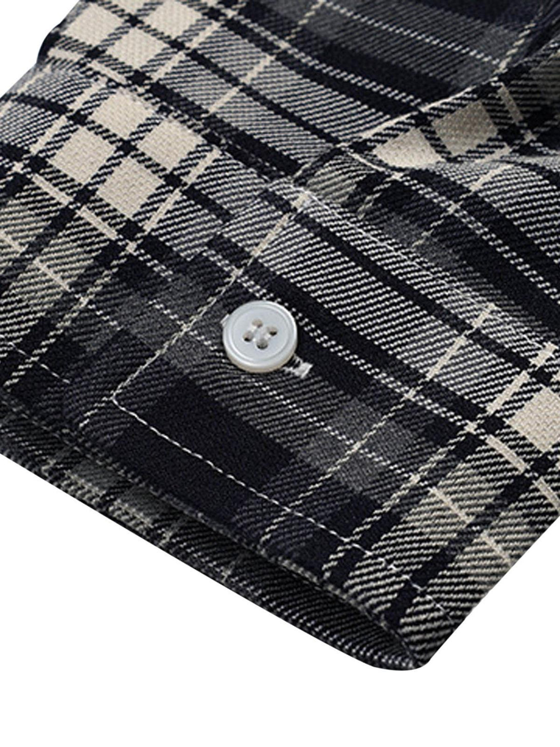 Detailed fabric and button view of a plaid shirt by TALISHKO, showcasing intricate stitching.