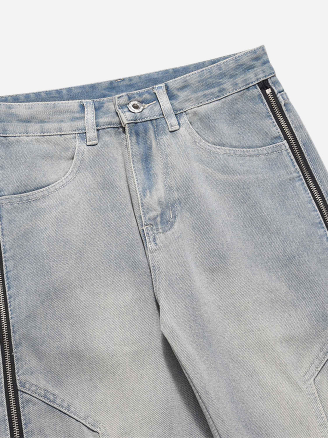 Focusing on the zipper detail of TALISHKO's hip-hop straight jeans, highlighting edgy style.