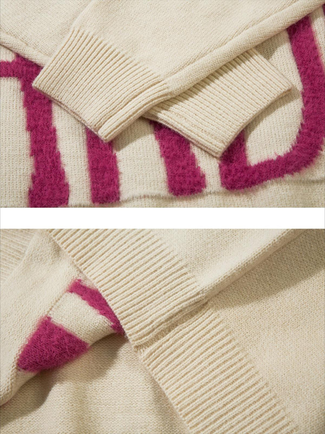 Intricate view of TALISHKO sweater's ribbed cuffs and pink lettering, showcasing texture and style.