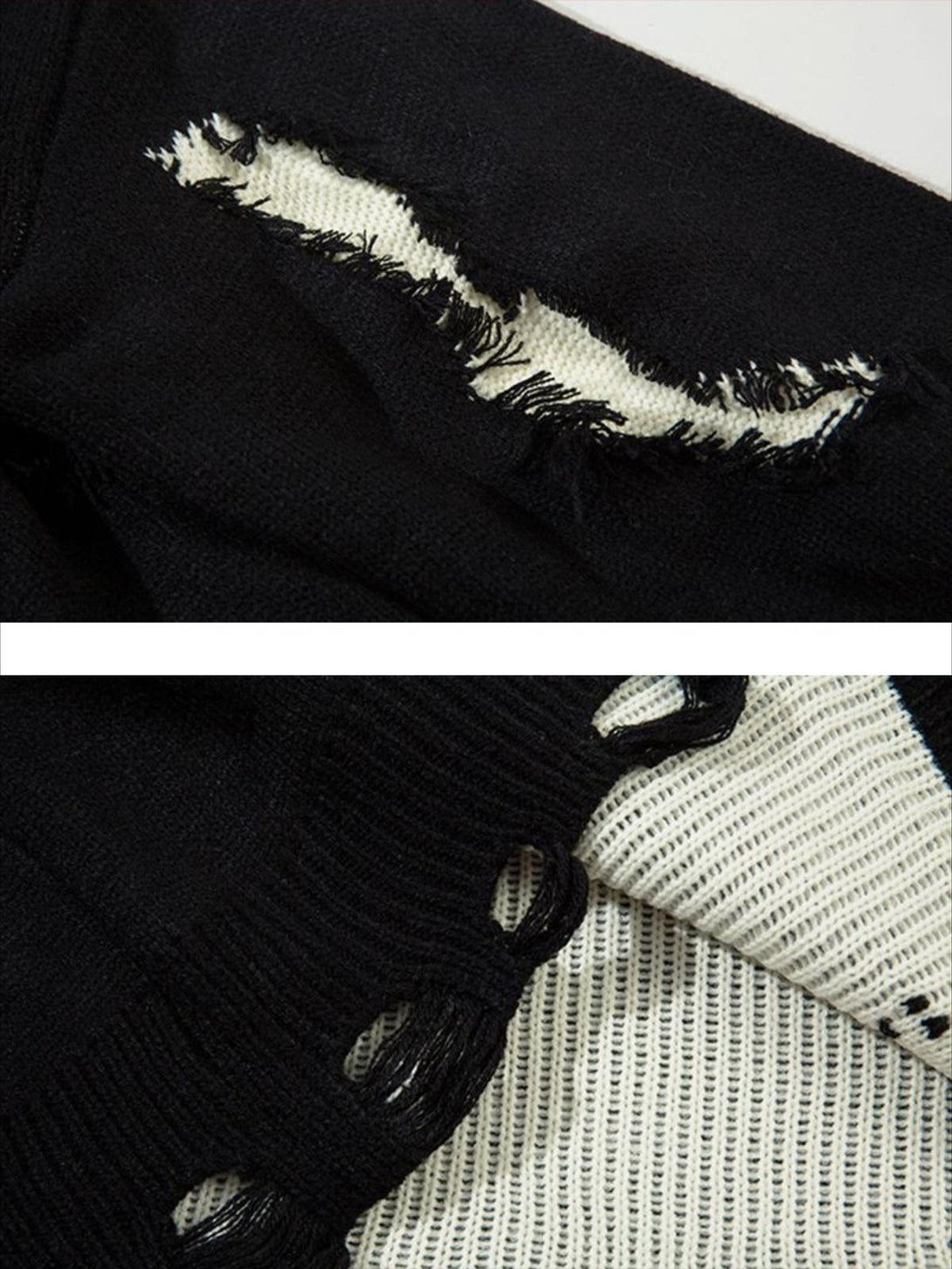 A detailed view of TALISHKO's black sweater, highlighting distressed patchwork and texture.
