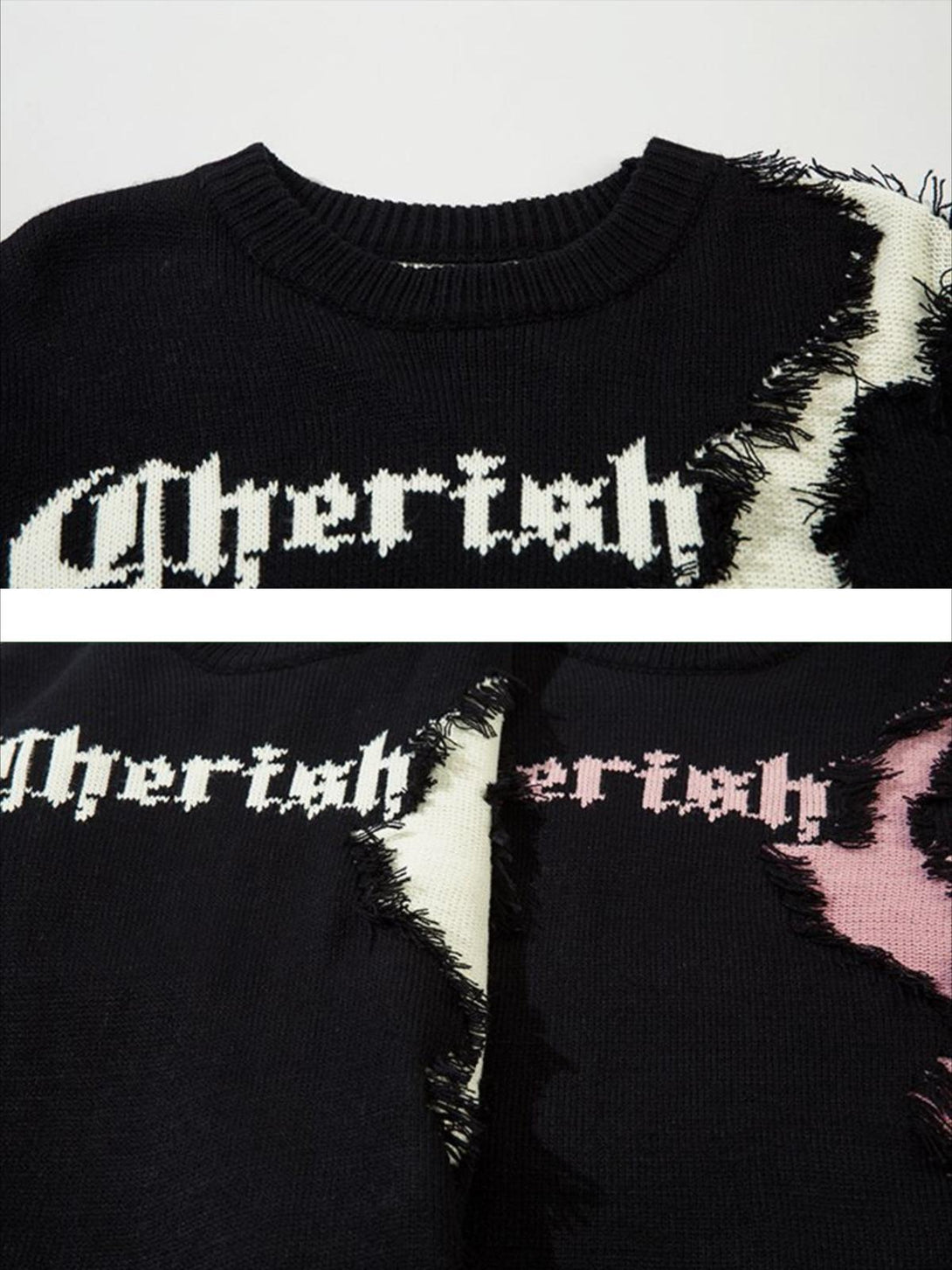 Detailed view of TALISHKO's black sweater showcasing distressed patchwork and bold lettering.