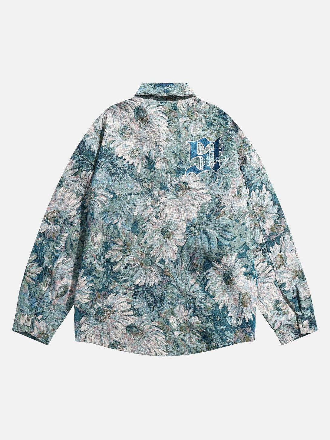 Back view of a floral jacquard jacket by TALISHKO, featuring detailed embroidery design.