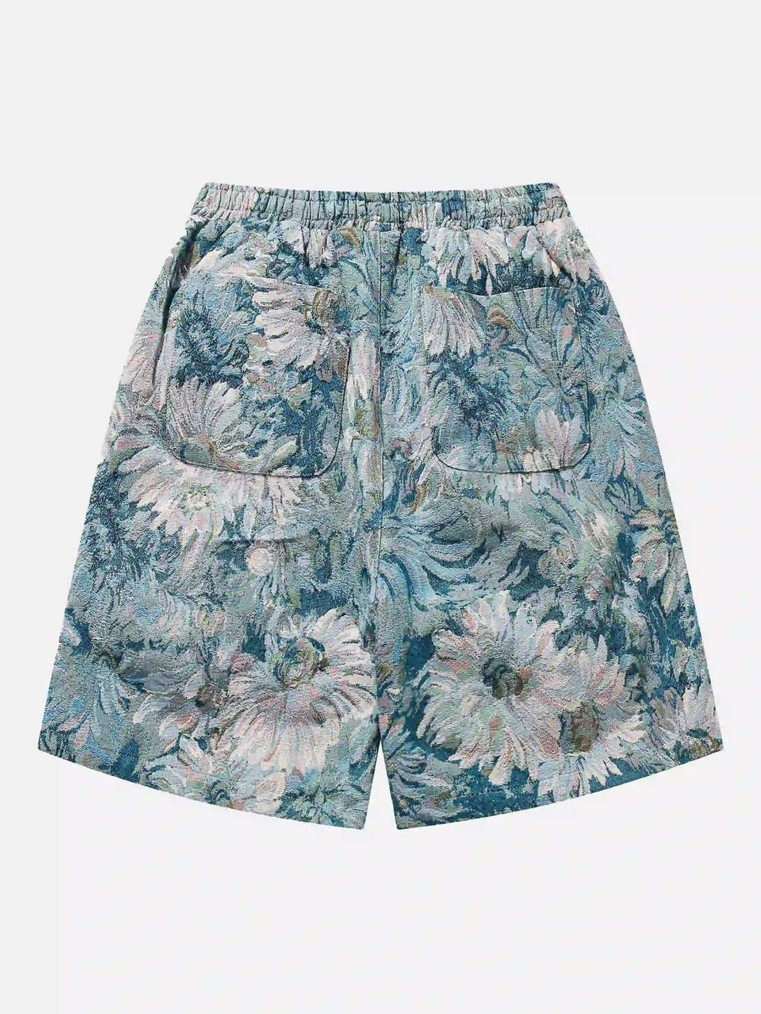 Back view of floral jacquard embroidery shorts by TALISHKO, showcasing intricate design.